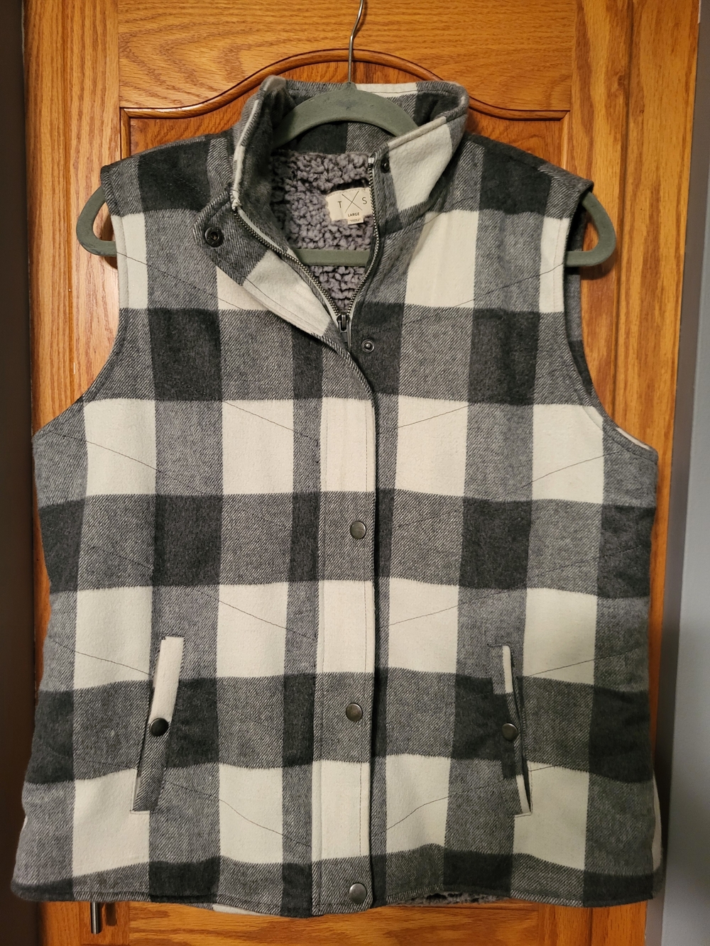 Thread & Supply Large Plaid Zip Up Vest Womens Gray White Casual